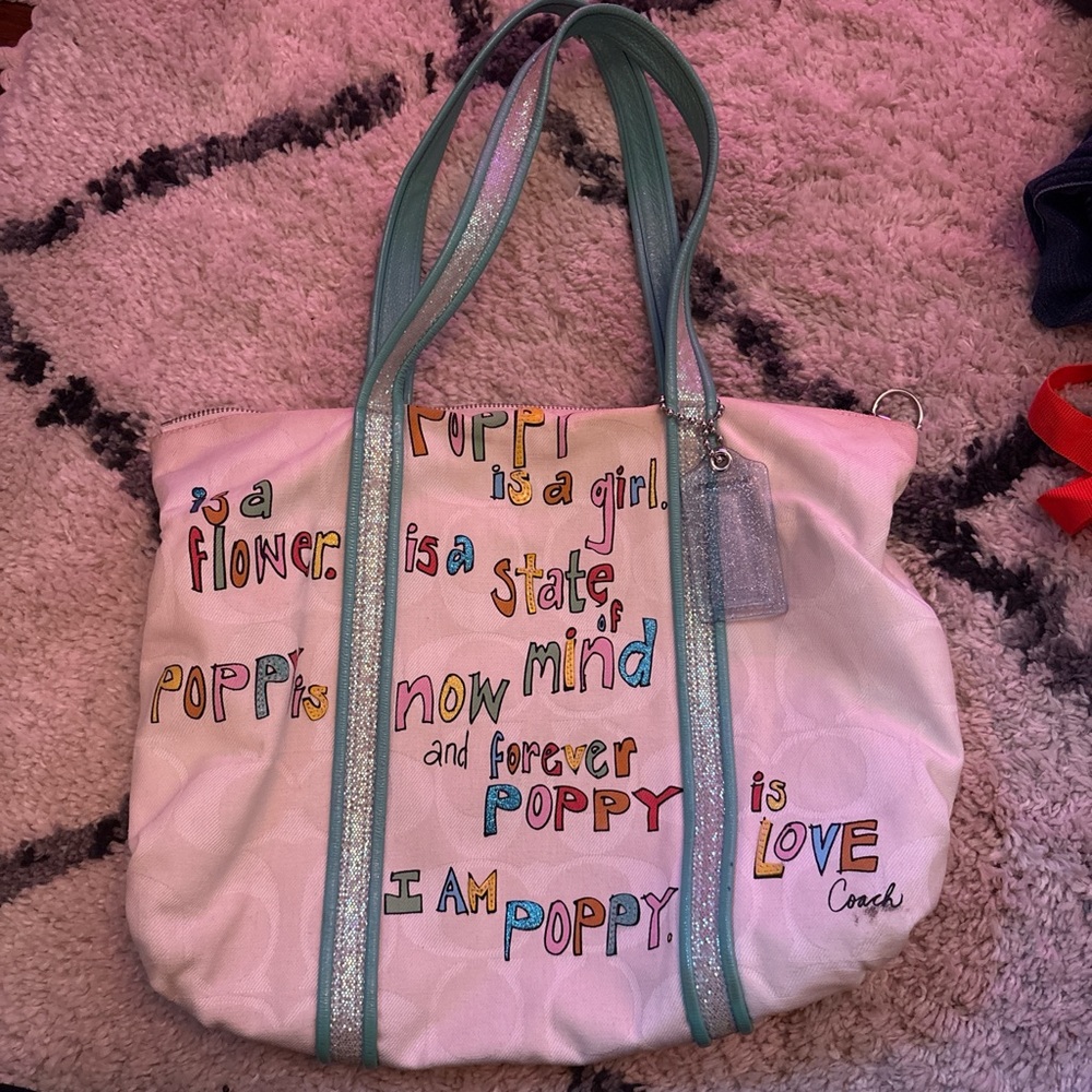“Poppy” Coach Multicolor Text Design Tote Bag